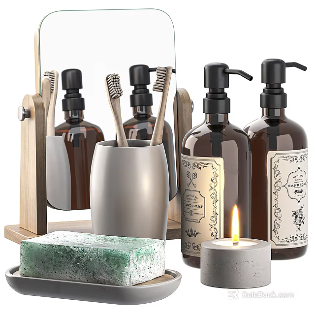 Bathroom Accessories Set With Toothbrushes Soap Dispensers Green Soap Bar And Candle 3d model 