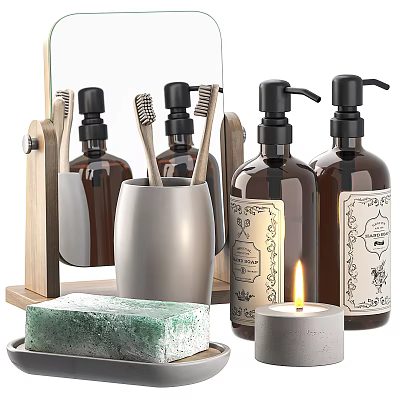 Bathroom Accessories Set With Toothbrushes Soap Dispensers Green Soap Bar And Candle 3d model