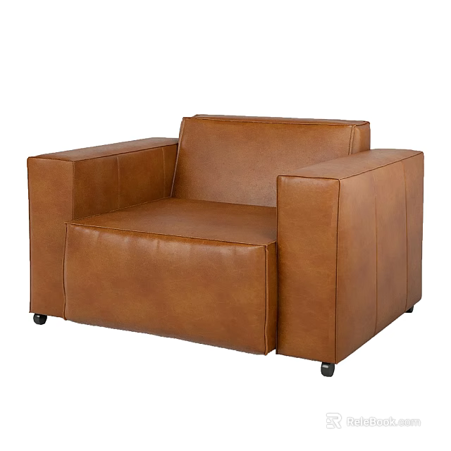 Modern Brown Leather Single Sofa with Square Arms and Rolling Casters 3d model