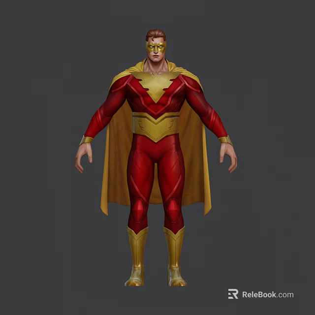 Game And Movie Superhero Character In Red Suit With Golden Cape Helmet And Lightning Emblem 3d model 