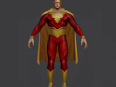 Game And Movie Superhero Character In Red Suit With Golden Cape Helmet And Lightning Emblem 3d model