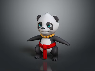 Cartoon Panda Game Character 3D Model With Yellow Beaded Necklace And Red Belt 3d model