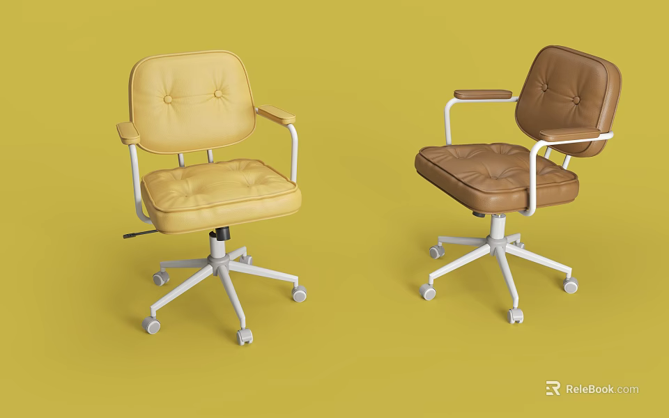 Modern Office Chairs With Armrests Wheels And Leather Upholstery In Yellow Brown 3d model 