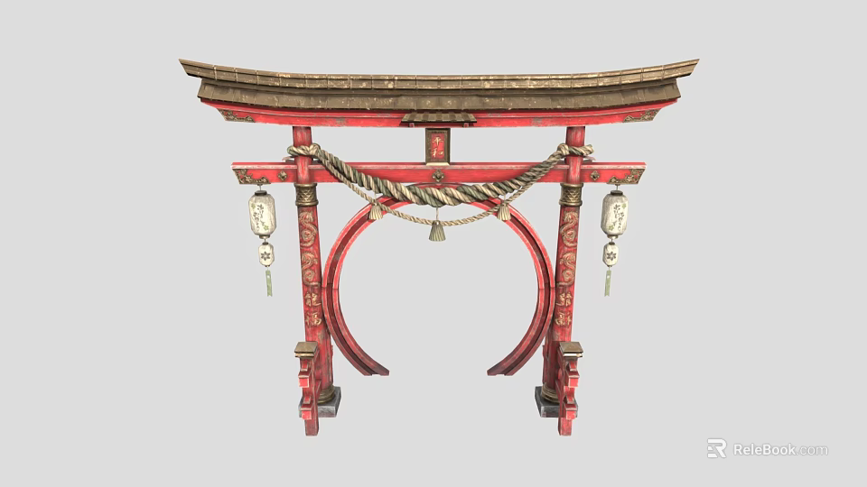 Traditional Red Torii Gate With Decorative Beam Hanging Lanterns And Rope Decorations 3d model 