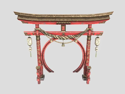 Traditional Red Torii Gate With Decorative Beam Hanging Lanterns And Rope Decorations 3d model