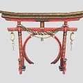 Traditional Red Torii Gate With Decorative Beam Hanging Lanterns And Rope Decorations