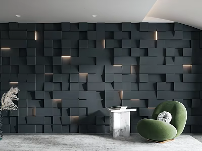 Black 3D Cube Wall Design With Embedded Lighting Green Armchair Marble Table White Plant 3d model