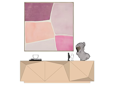 Abstract Colorful Painting On Wall Above Geometric Cabinet With Decorative Sculptures 3d model