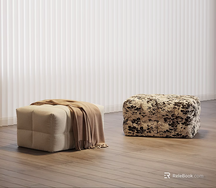 Beige Ottoman with Brown Blanket and Patterned Ottoman on Wooden Floor with White Blinds 3d model 