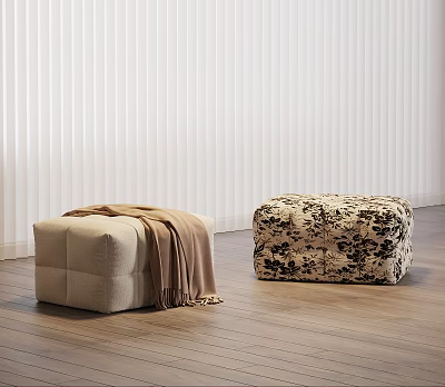 Beige Ottoman with Brown Blanket and Patterned Ottoman on Wooden Floor with White Blinds 3d model