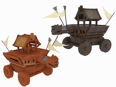 Ancient Wooden Chariots With Roof White Flags Wheels And Dragon Decorations 3d model