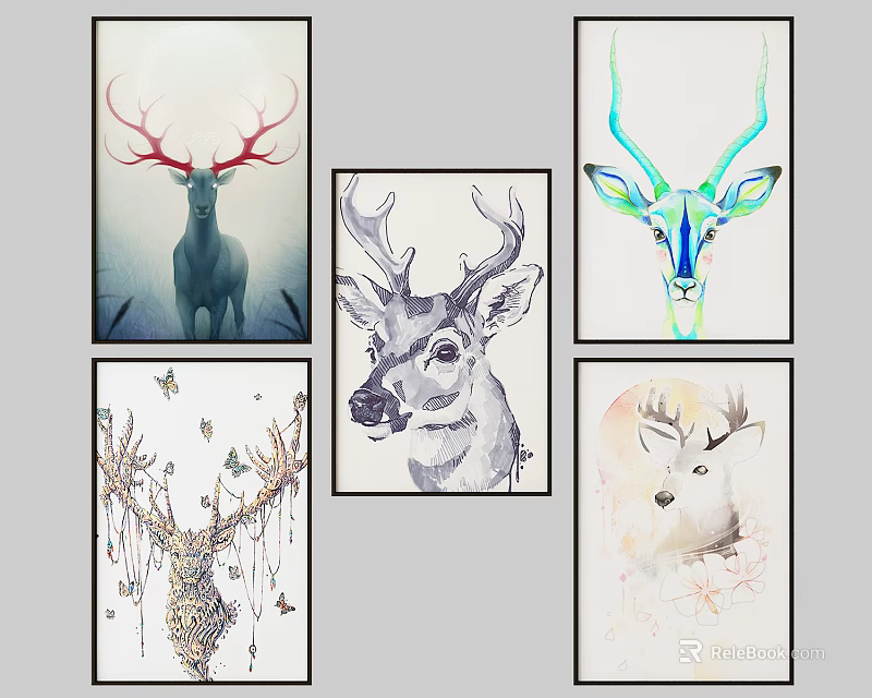 Artistic Deer Animal Paintings In Various Styles With Antlers And Decorative Details 3d model 