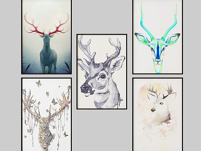 Artistic Deer Animal Paintings In Various Styles With Antlers And Decorative Details 3d model