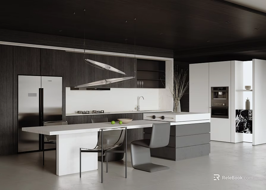 Modern Restaurant Kitchen With Dark Wood Walls Stainless Steel Fridge And White Island Countertop 3d model 