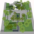 Serene Residential Landscape With Lush Trees Green Lawn Central Fountain And White Walls