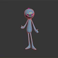 Funny Blue Cartoon Game Character With Smiling Face Red Head Spot Slender Body Gray Background