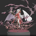 Anime Game Character With White Long Hair Red Eyes Red Outfit And Floating Pink Ribbons