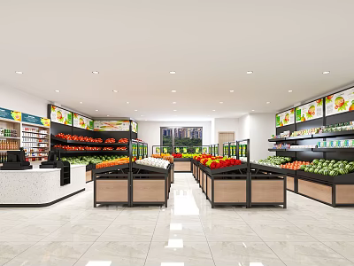 Modern Fruit Store Featuring Spacious Interior And Various Fresh Fruits On Display Shelves 3d model