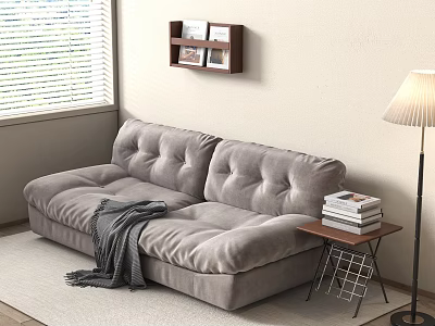 Gray Velvet Sectional Sofa With Blanket Side Table Books Floor Lamp And Wall Shelf 3d model