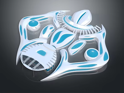 Cartoon Scene With Blue And White Abstract Biomorphic Shapes And Curved Circular Elements 3d model
