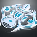 Cartoon Scene With Blue And White Abstract Biomorphic Shapes And Curved Circular Elements
