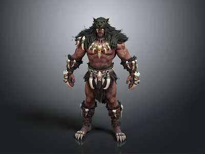 Beastlike Man With Black Fur Fanged Face Bone Decorations And Leather Armor 3d model