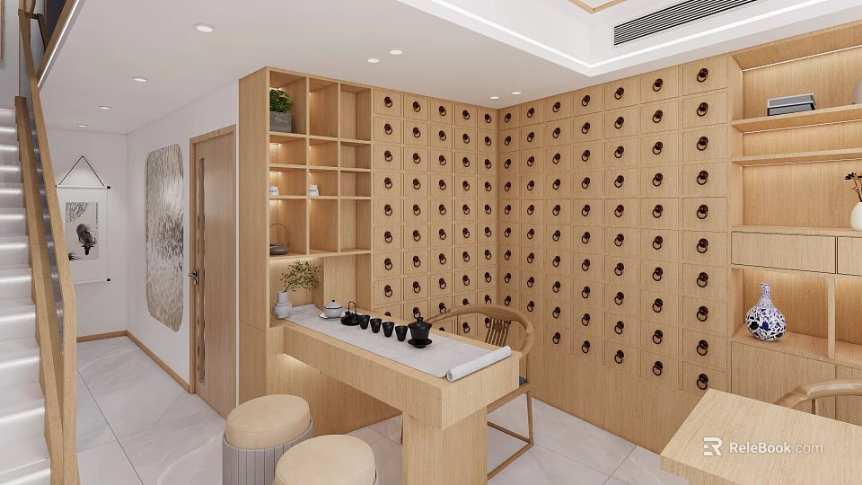 Wooden Storage Cabinets Neatly Arranged In Tea Room With Table And Stools 3d model 