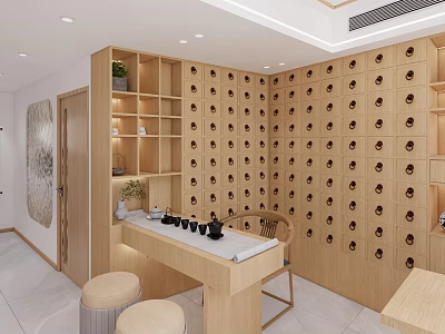 Wooden Storage Cabinets Neatly Arranged In Tea Room With Table And Stools 3d model