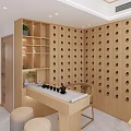 Wooden Storage Cabinets Neatly Arranged In Tea Room With Table And Stools