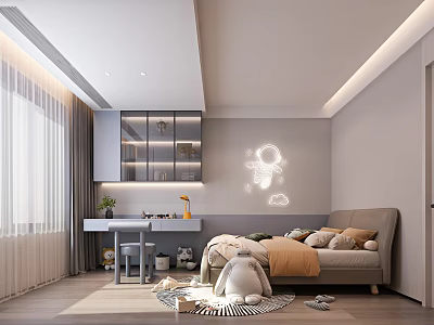 Modern Kids Room Interior With Cloud Astronaut Wall Decor Sofa Bed And Desk 3d model