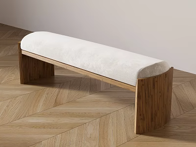 Stylish Wooden Frame Bench With White Upholstered Seat On Herringbone Floor 3d model