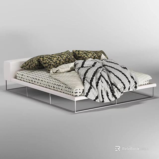 Minimalist Modern Double Bed With Metal Frame Patterned Pillows And Striped Blanket 3d model 