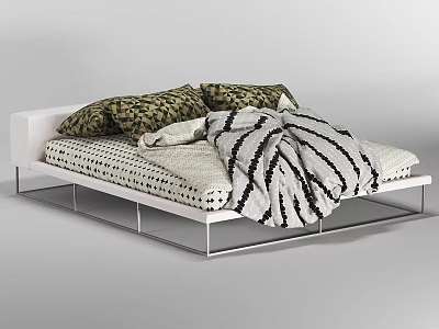 Minimalist Modern Double Bed With Metal Frame Patterned Pillows And Striped Blanket 3d model