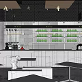 Modern Café Interior With Gray Walls Metal Shelves Green Bottles And White Sculpture