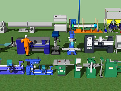 Various Industrial Equipment Collection With Lathe Drill Press Milling Machine And Worker 3d model