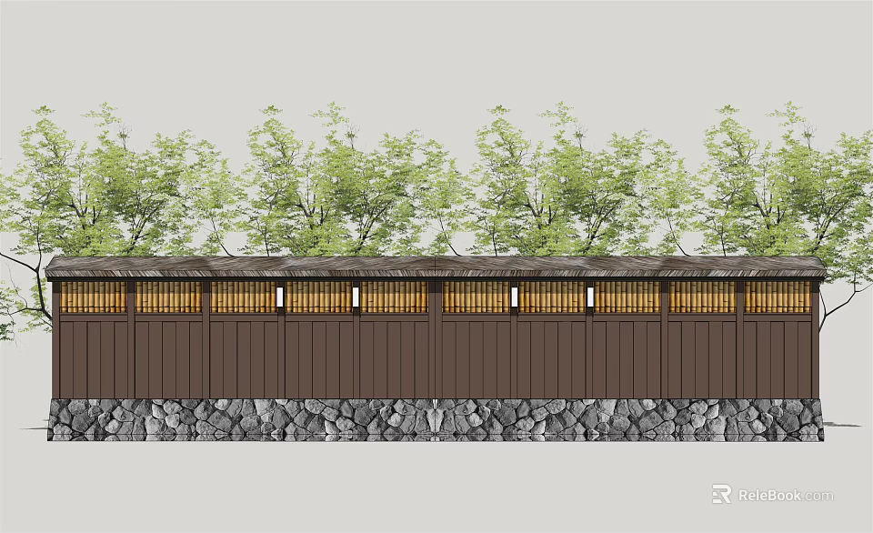 Building Exterior Wall Design with Wooden Panels Stone Base and Top Windows Surrounded by Trees 3d model 