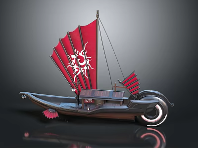Unique Water Vessel With Red Sails White Sun Symbol And Decorative Hull Design 3d model