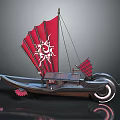Unique Water Vessel With Red Sails White Sun Symbol And Decorative Hull Design