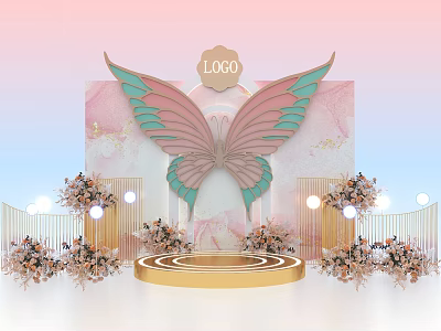 Stylish Photo Spot With Pink Green Butterfly Wings Golden Stage And Floral Decorations 3d model