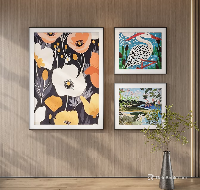 Abstract Paintings Colorful Framed Floral Bird Landscape Art On Wall With Green Plant 3d model 