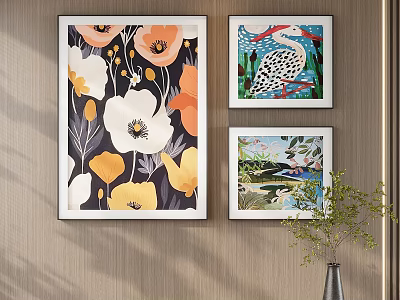 Abstract Paintings Colorful Framed Floral Bird Landscape Art On Wall With Green Plant 3d model