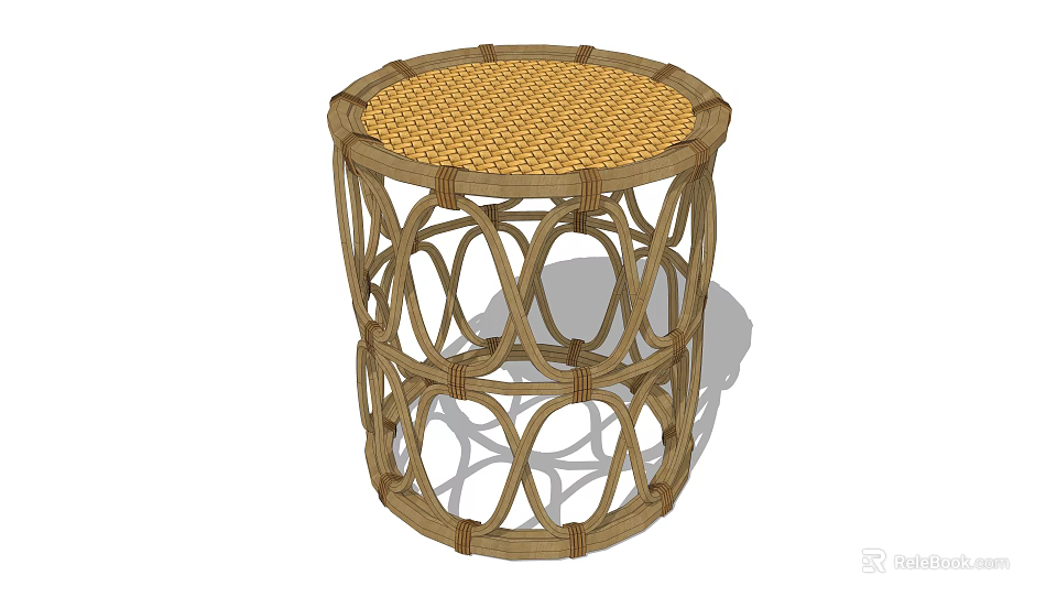 Natural Handcrafted Rattan Stool With Woven Top And Circular Openwork Design 3d model 