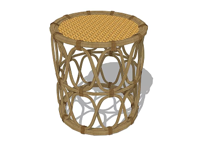 Natural Handcrafted Rattan Stool With Woven Top And Circular Openwork Design 3d model