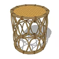 Natural Handcrafted Rattan Stool With Woven Top And Circular Openwork Design