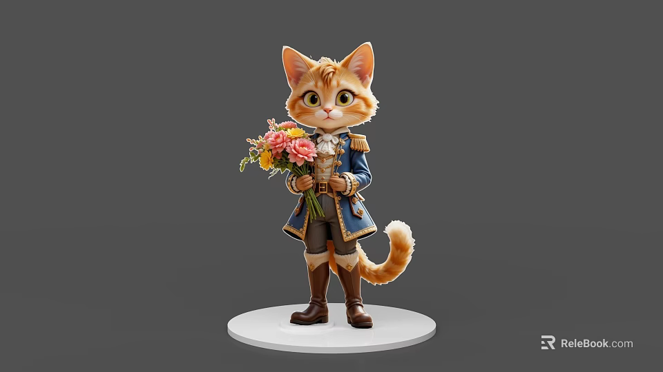 Game Movie Character Cat In Blue Military Coat Holding Colorful Flower Bouquet On White Base 3d model 