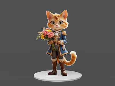Game Movie Character Cat In Blue Military Coat Holding Colorful Flower Bouquet On White Base 3d model