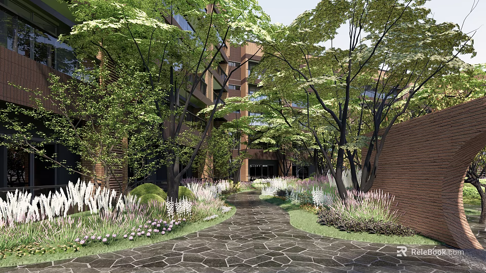 Serene Residential Landscape With Lush Trees Stone Paved Pathway And Colorful Plants 3d model 