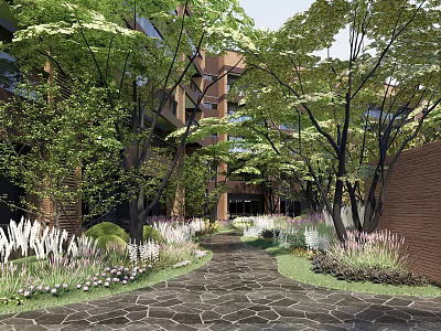 Serene Residential Landscape With Lush Trees Stone Paved Pathway And Colorful Plants 3d model