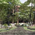 Serene Residential Landscape With Lush Trees Stone Paved Pathway And Colorful Plants