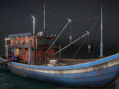 Blue Wooden Fishing Boat With Masts Crane And Wu Fisher Name 3d model